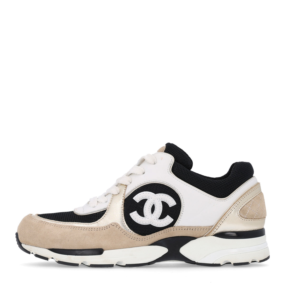 Mesh Suede Calfskin Grained Calfskin Womens CC Sneakers 37 White Black Beige Gold