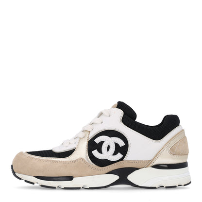Chanel Mesh Suede Calfskin Grained Calfskin Womens CC Sneakers 37 White Black Beige Gold 1 of 11