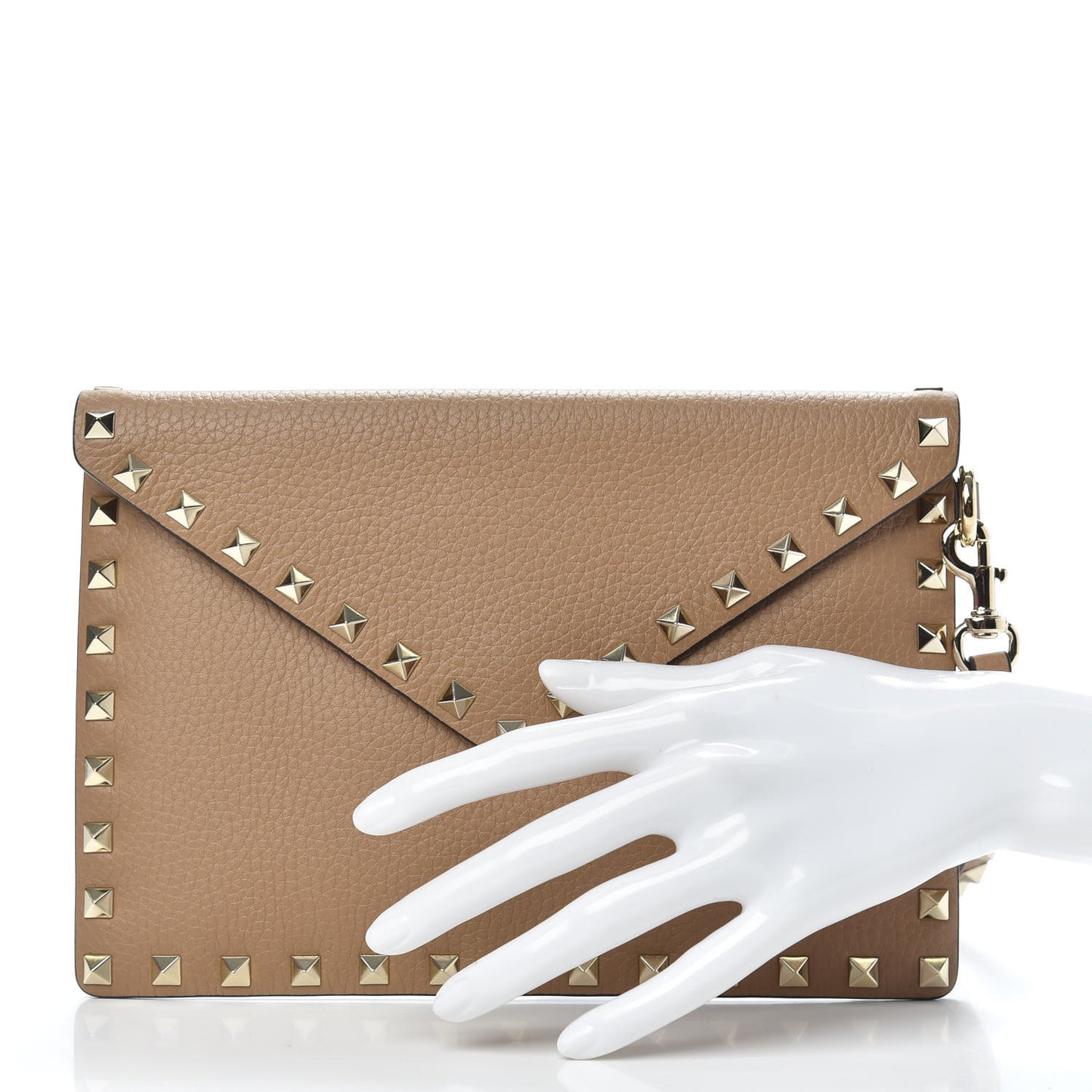 Pebbled Calfskin Medium Rockstud Envelope Flat Wristlet Pouch Deep Alpaca