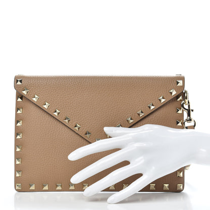Valentino Garavani Pebbled Calfskin Medium Rockstud Envelope Flat Wristlet Pouch Deep Alpaca 2 of 8