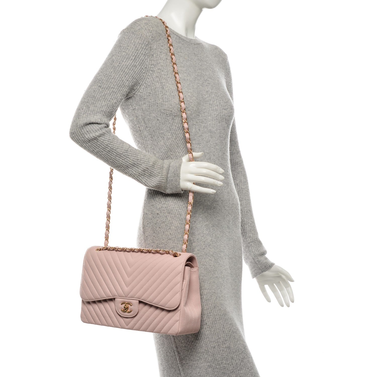 Chanel Calfskin Chevron Quilted Jumbo Double Flap Light Pink 2 of 7
