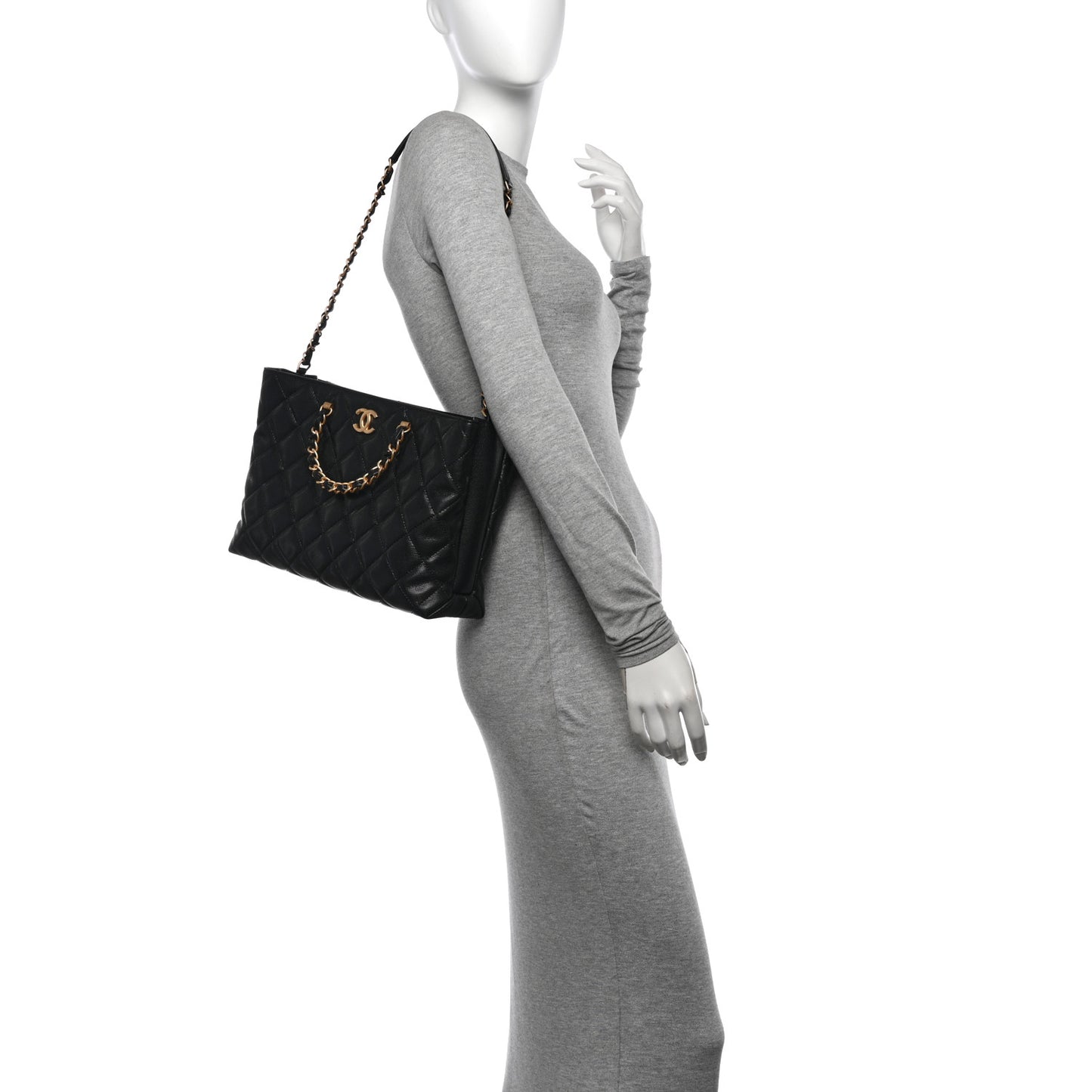 Shiny Caviar Quilted Chain Handle Shopping Tote Black