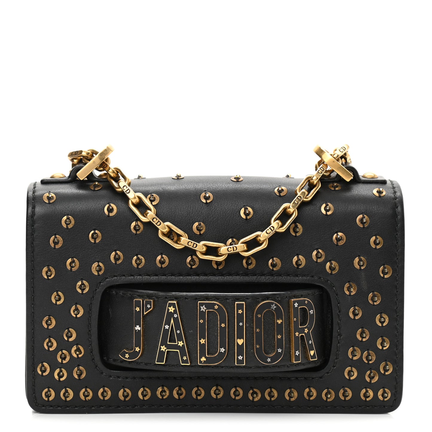 Calfskin Studded Mini J'Adior Chain Flap Bag Black