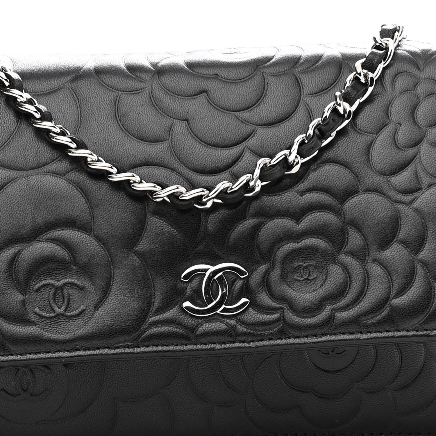 Chanel Lambskin Camellia Embossed Wallet With Chain WOC Black 6 of 12