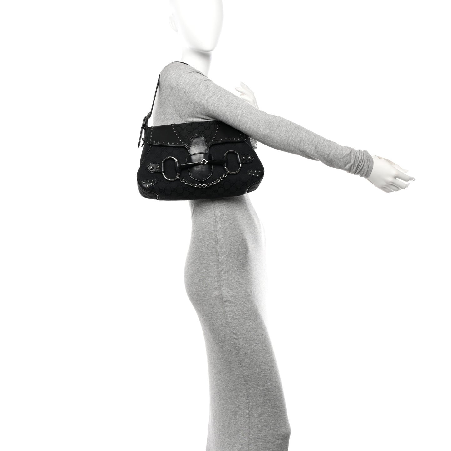 Monogram Horsebit Chain Studded Flap Shoulder Bag Black