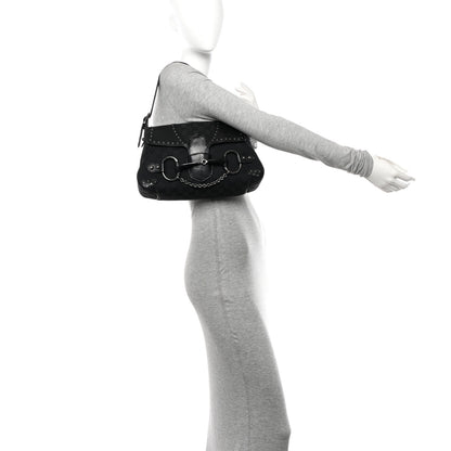 Gucci Monogram Horsebit Chain Studded Flap Shoulder Bag Black 2 of 19