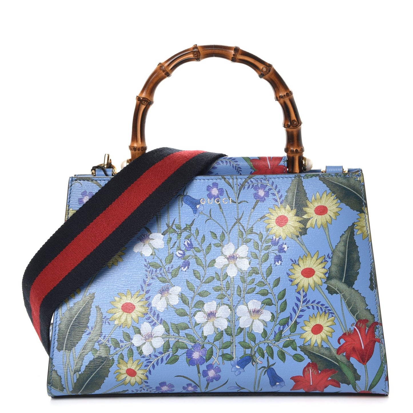 Calfskin Bamboo Web New Flora Small Nymphaea Top Handle Bag Azure
