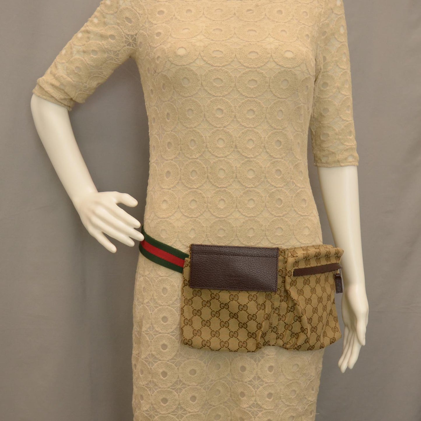 GG Monogram Web Double Pocket Belt Bag Ebony