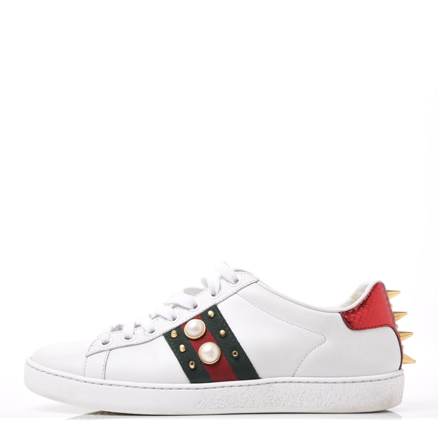 Calfskin Web Pearl Studded Womens Ace Sneakers 35.5 White
