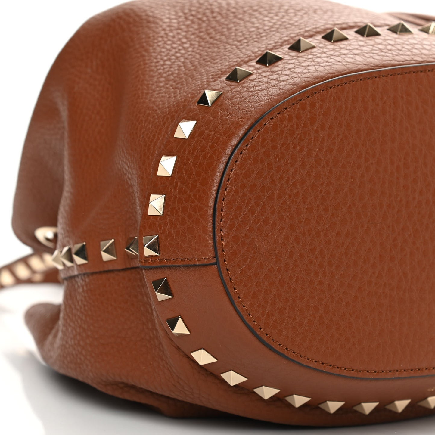 Grained Calfskin Rockstud Bucket Bag Saddle Brown