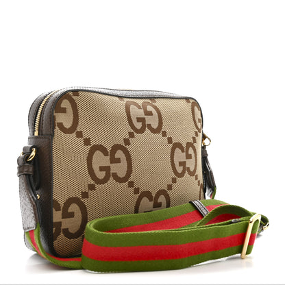 Gucci Monogram Jumbo GG Textured Dollar Calfskin Web Messenger Shoulder Bag Camel Ebony New Acero 3 of 10