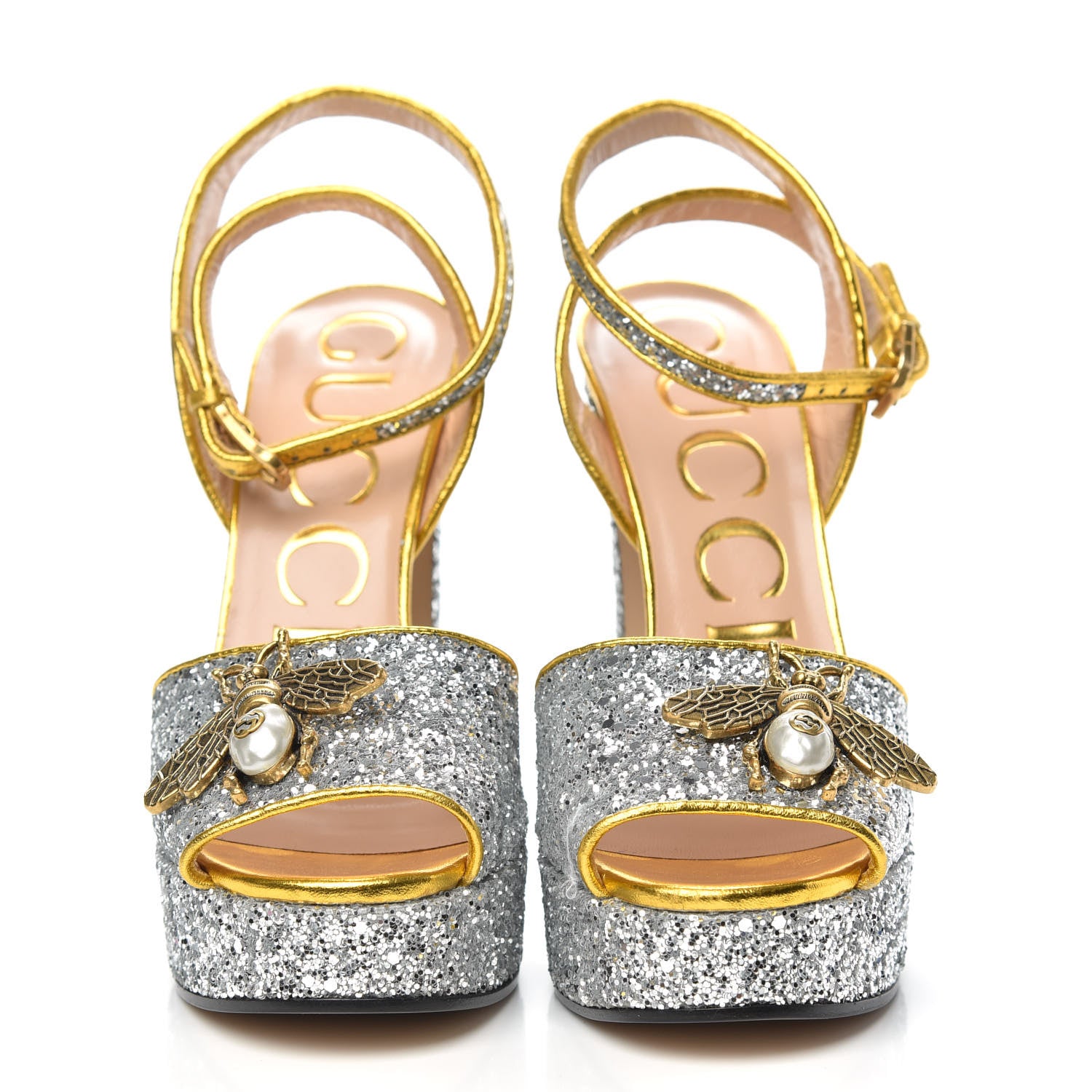 Gucci Glitter Soko Bee Platform High Heel Sandals 35 Argento Oro Vecchio 2 of 10