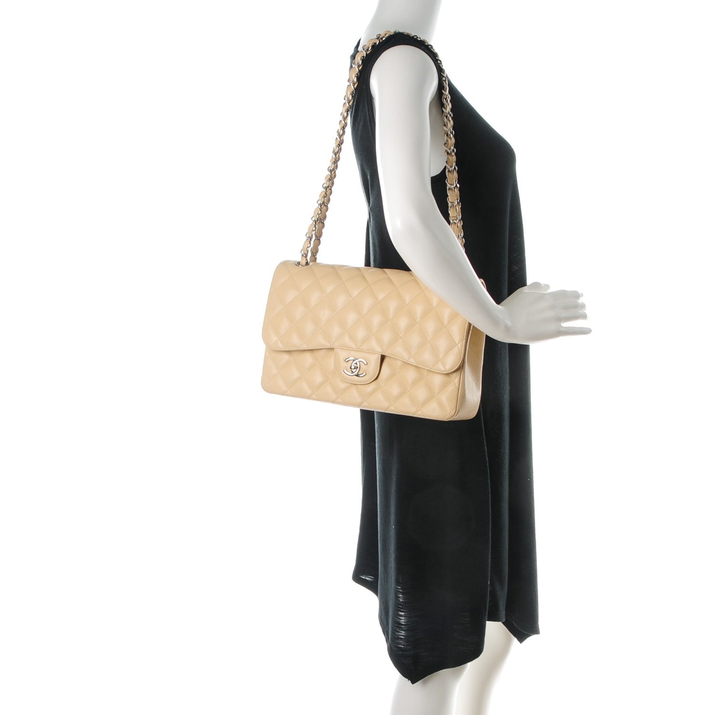 Caviar Quilted Jumbo Double Flap Beige Clair