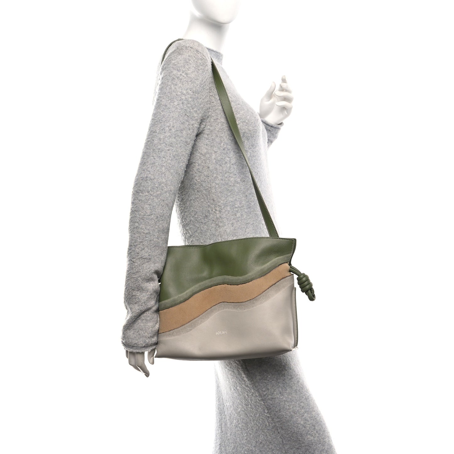 Nappa Calfskin Suede Medium Flamenco Landscape Knot Clutch Green Beige Grey