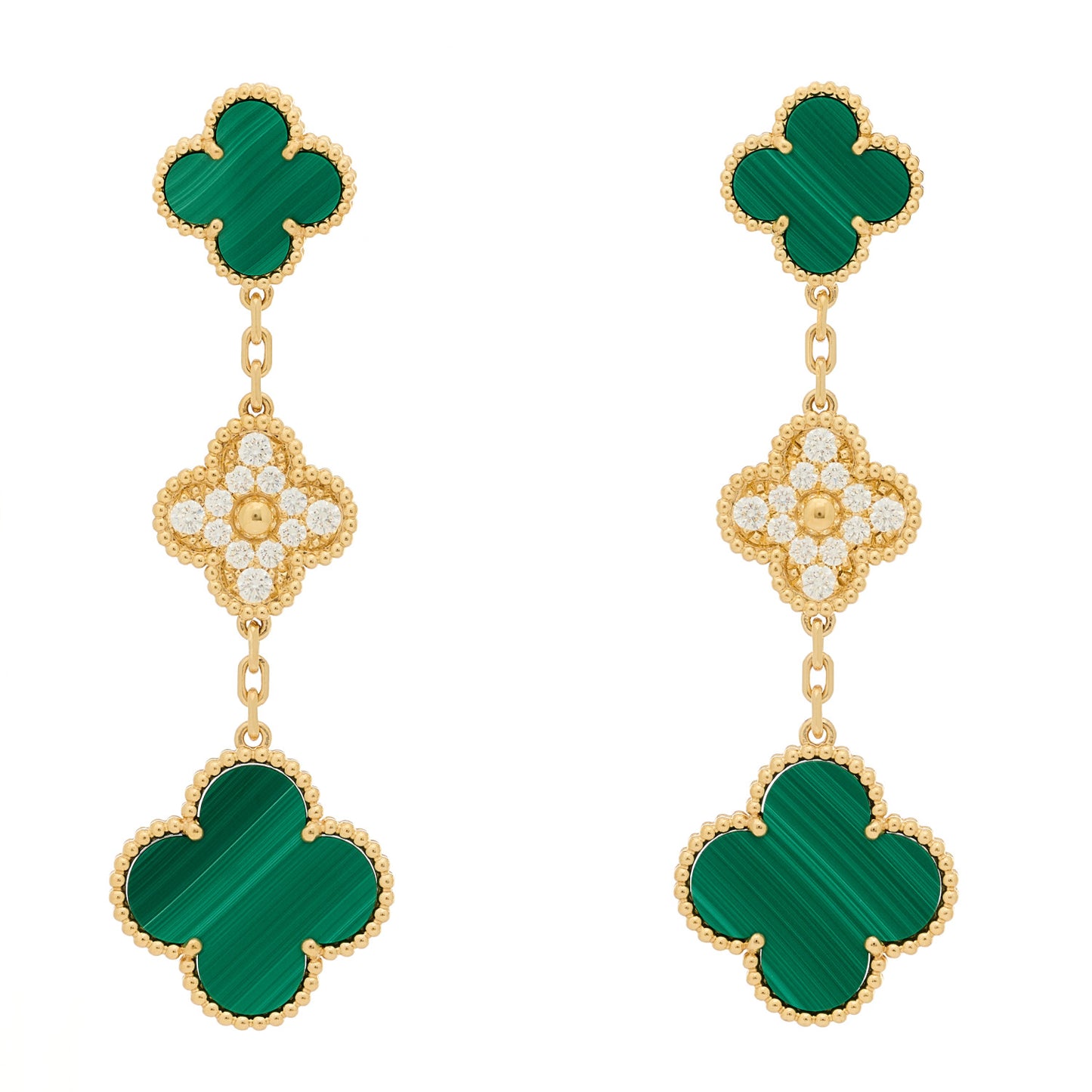 18K Yellow Gold Diamond Malachite 3 Motifs Vintage Alhambra Earrings