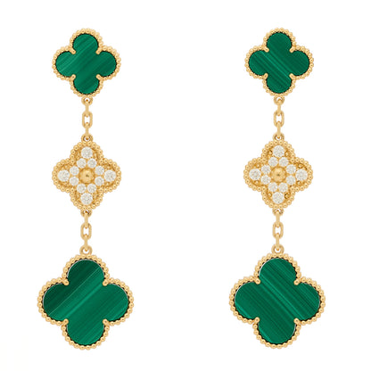 Van Cleef & Arpels 18K Yellow Gold Diamond Malachite 3 Motifs Vintage Alhambra Earrings 1 of 5