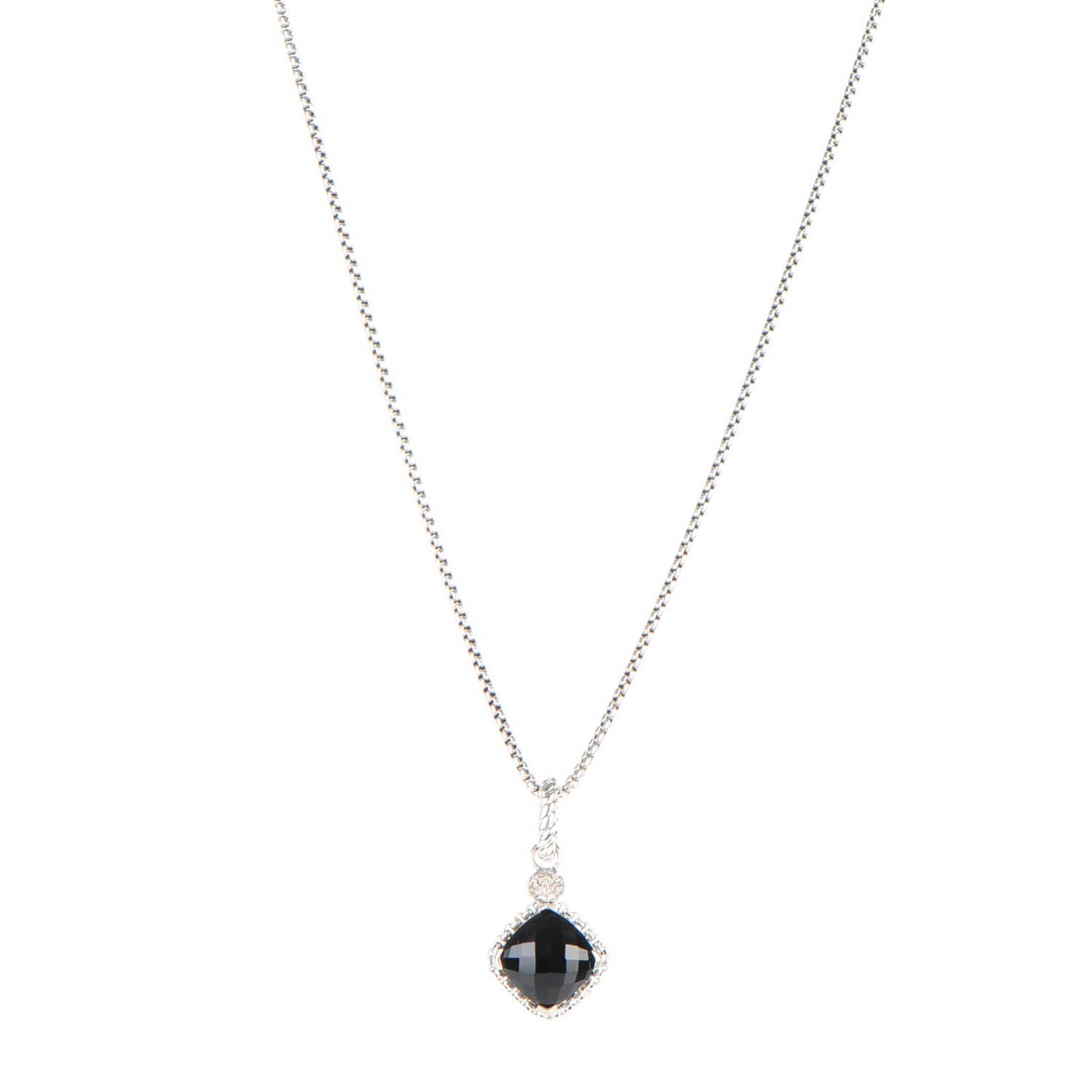 Sterling Silver 14K Yellow Gold Pave Diamond Black Onyx 11mm Cushion On Point Pendant Necklace