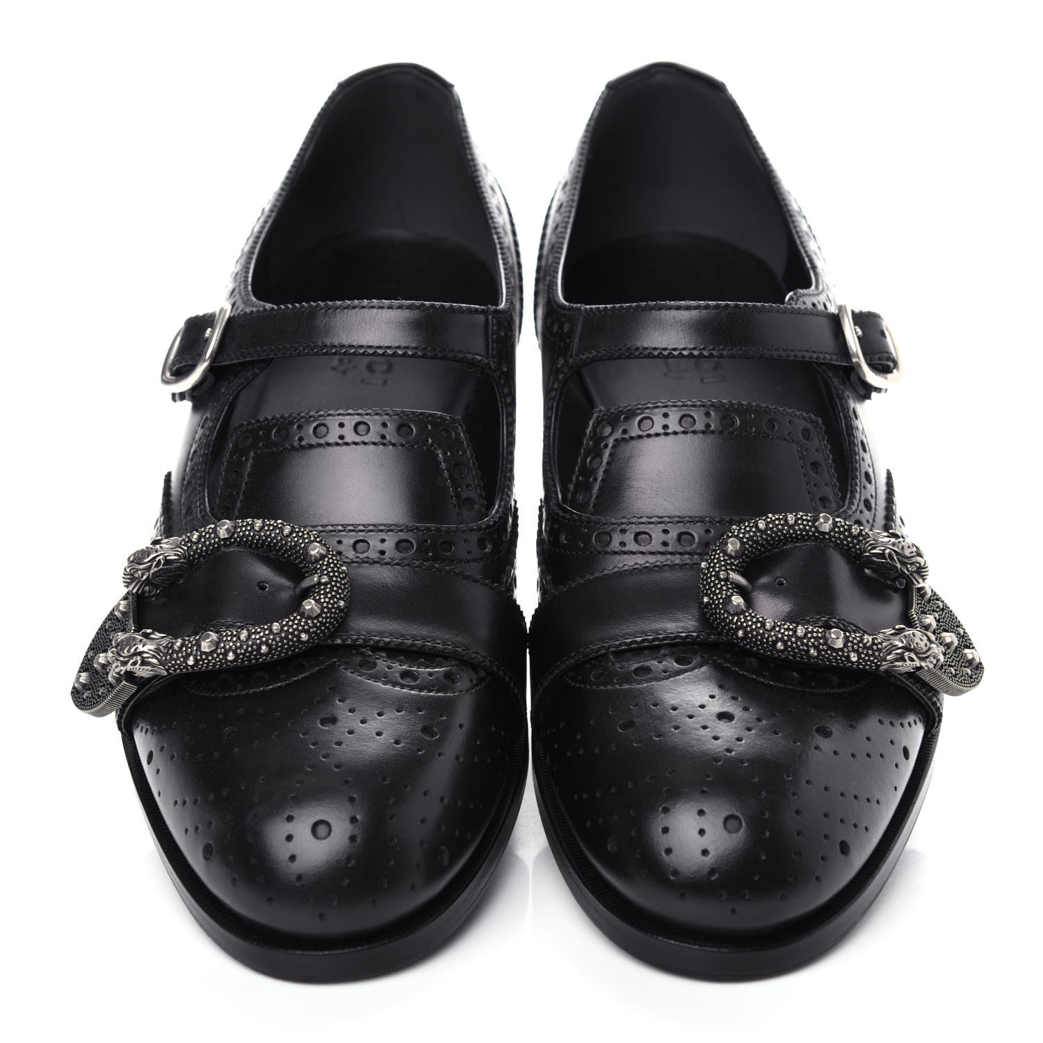 Gucci Calfskin Bee Embroidered Mens Queercore Brogue Wingtip Monk Strap Loafers 8 Black 5 of 12