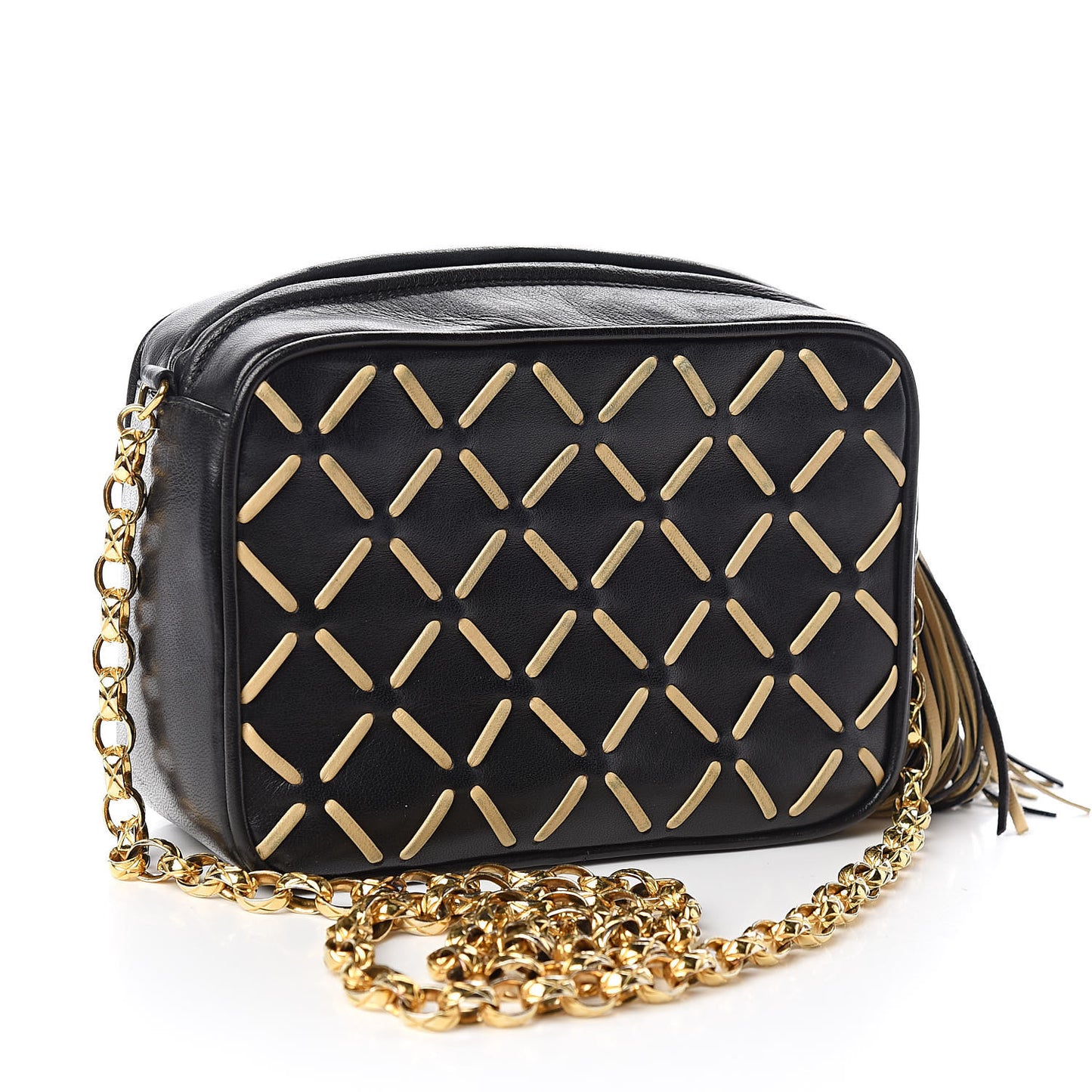 Lambskin Stitched Tassel Camera Case Black Beige