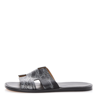 Hermes Calfskin Della Cavalleria Print Mens Izmir Sandals 43.5 Black 1 of 7