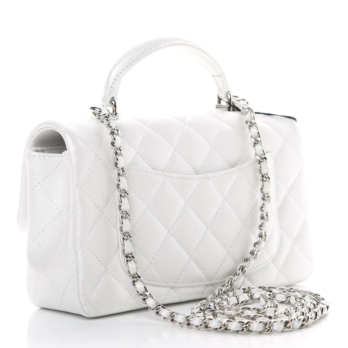 Iridescent Caviar Quilted Mini Top Handle Rectangular Flap White