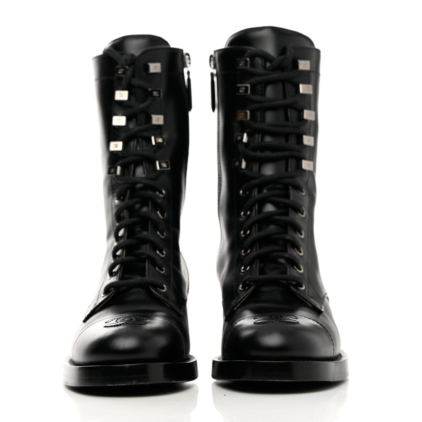 Calfskin Cap Toe Lace Up Combat Boots 38 Black