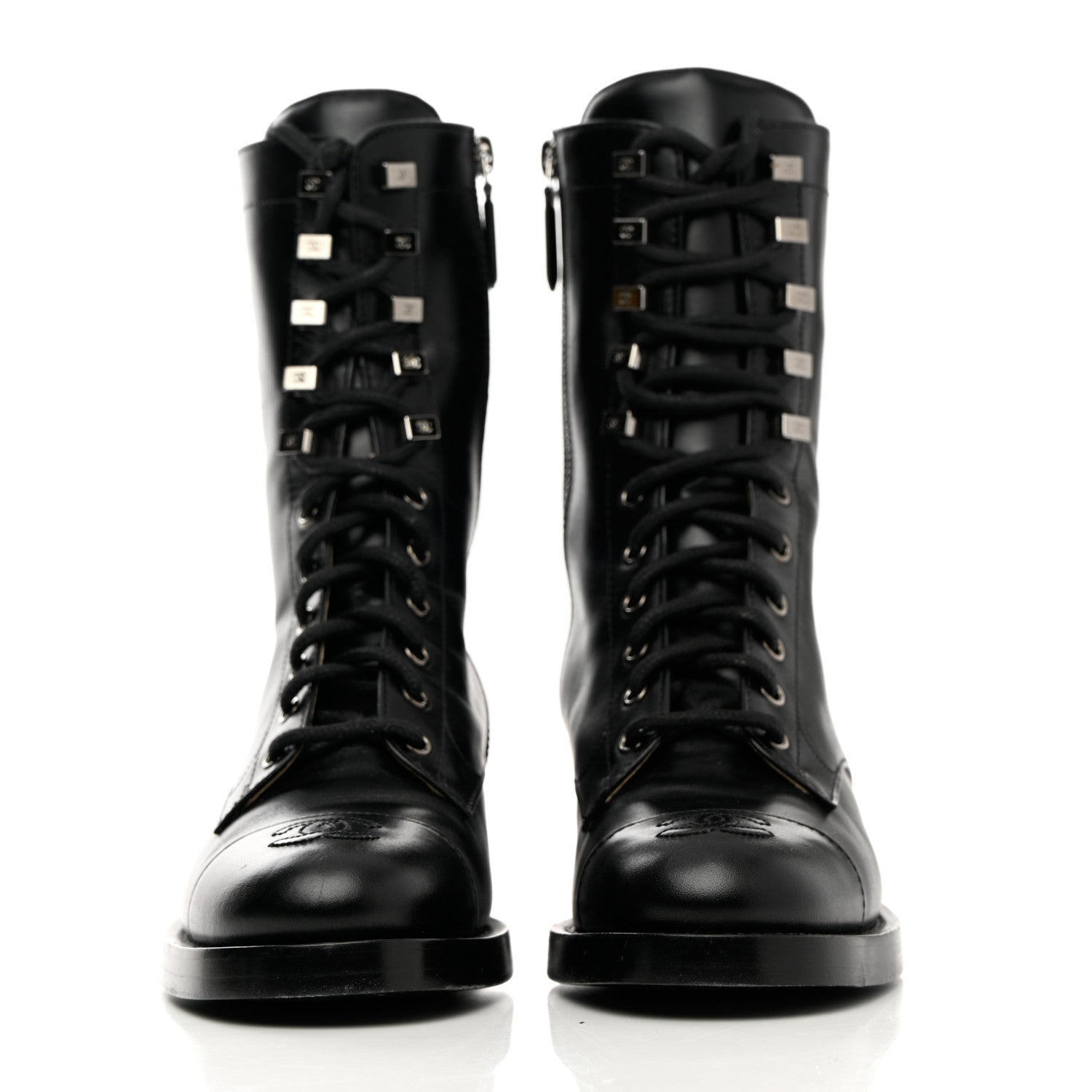 Chanel Calfskin Cap Toe Lace Up Combat Boots 38 Black 2 of 11