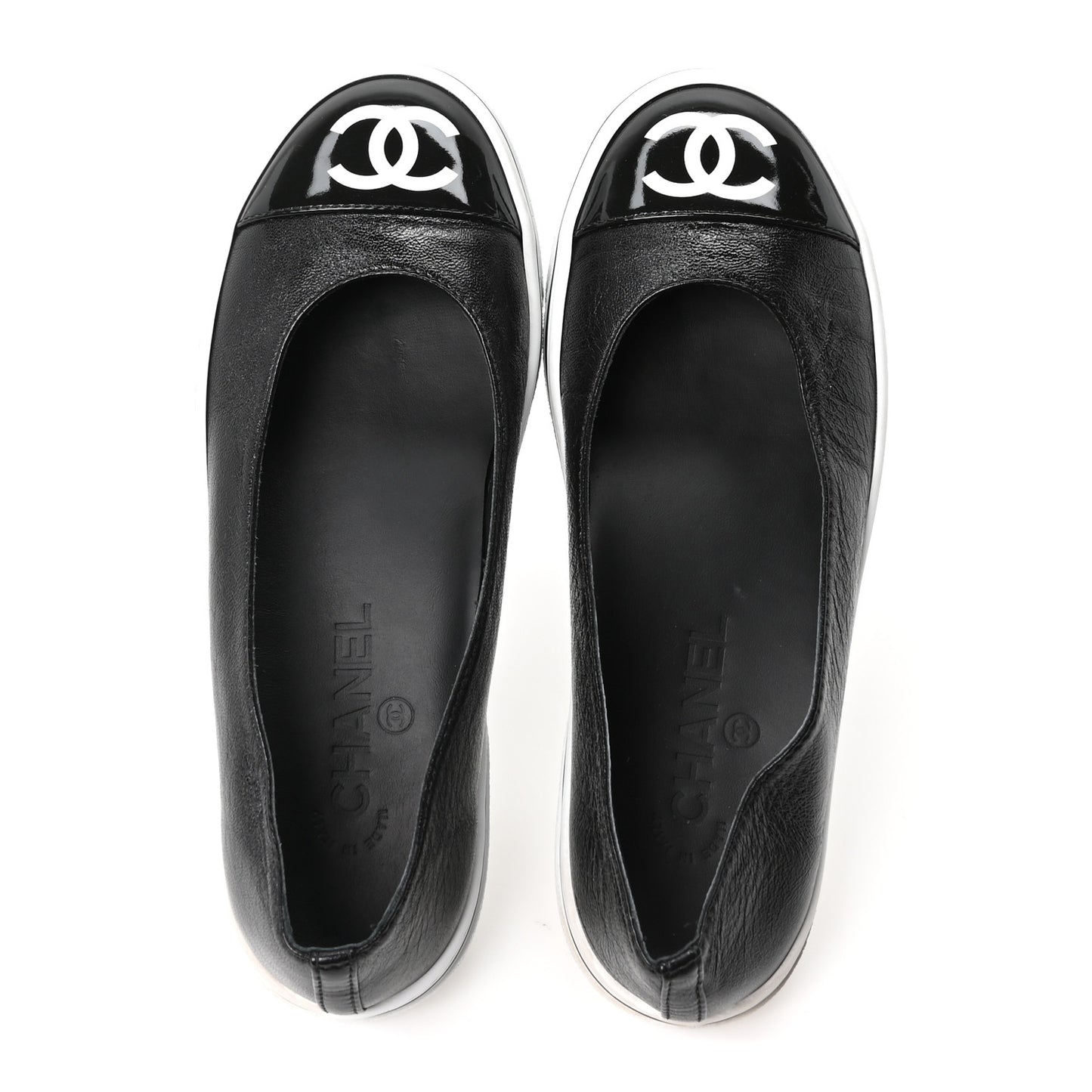 Crumpled Shiny Lambskin Patent Calfskin CC Ballet Flats 36.5 Black