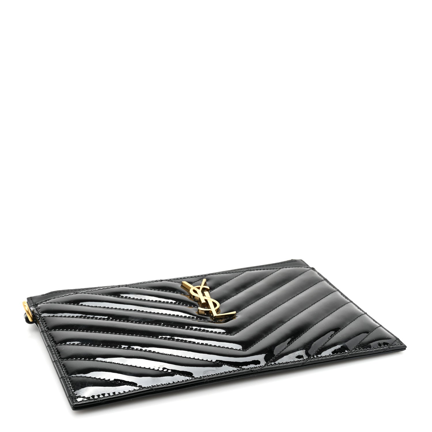 Saint Laurent Patent Grain De Poudre Matelasse Chevron Monogram Bill Pouch Black 4 of 9
