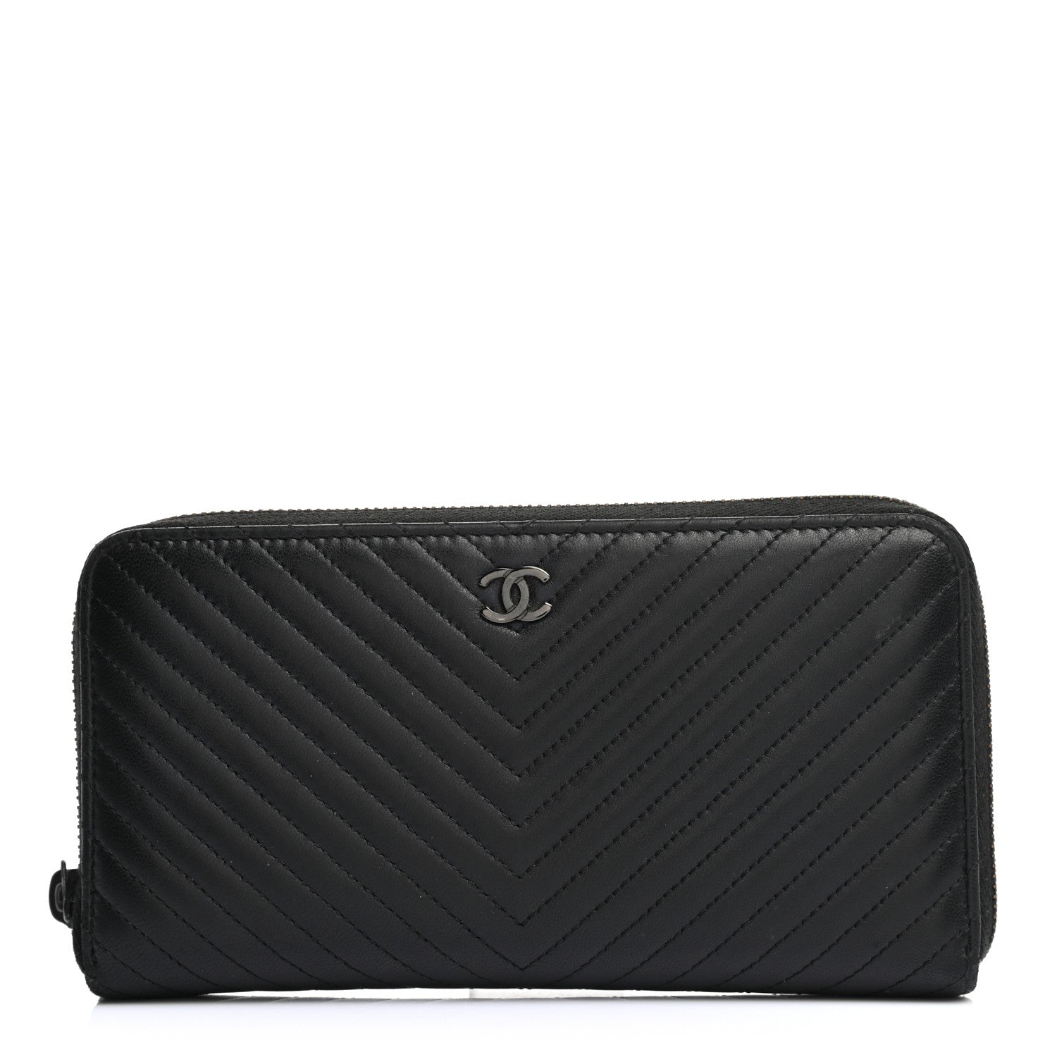 Chanel Lambskin Chevron Quilted Zip Around Wallet So Black 1 of 9