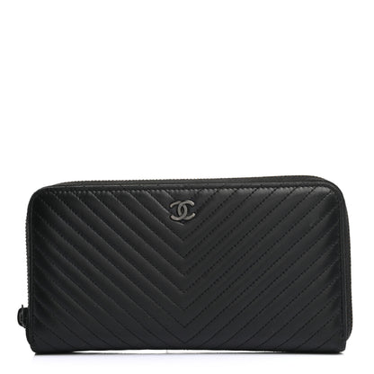 Chanel Lambskin Chevron Quilted Zip Around Wallet So Black 1 of 9