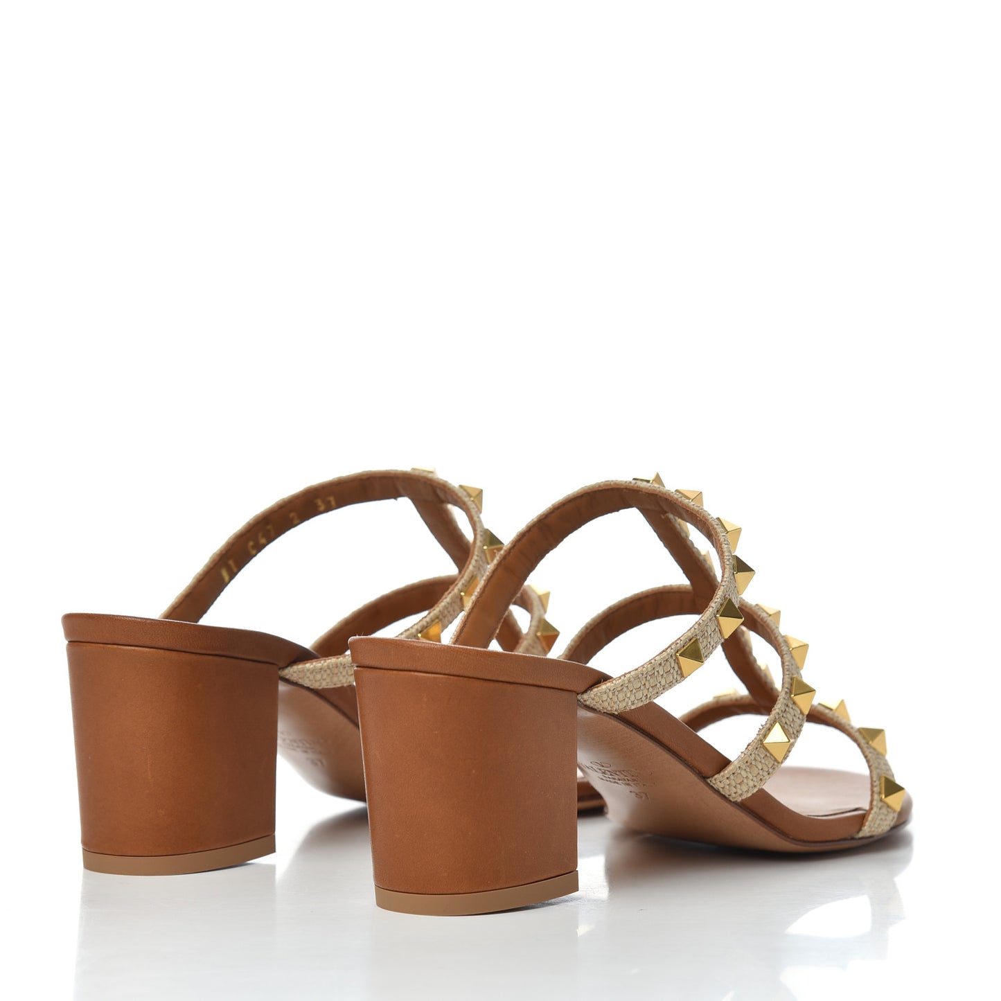 Raffia Calfskin Rockstud 60mm Caged Slide Sandals 37 Naturale