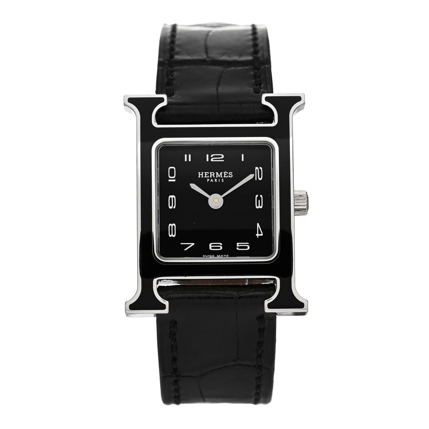 Hermes Stainless Steel Alligator Lacquer 21mm Heure H Hour Quartz Watch Noir 1 of 5