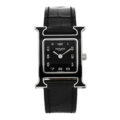 Hermes Stainless Steel Alligator Lacquer 21mm Heure H Hour Quartz Watch Noir 1 of 5