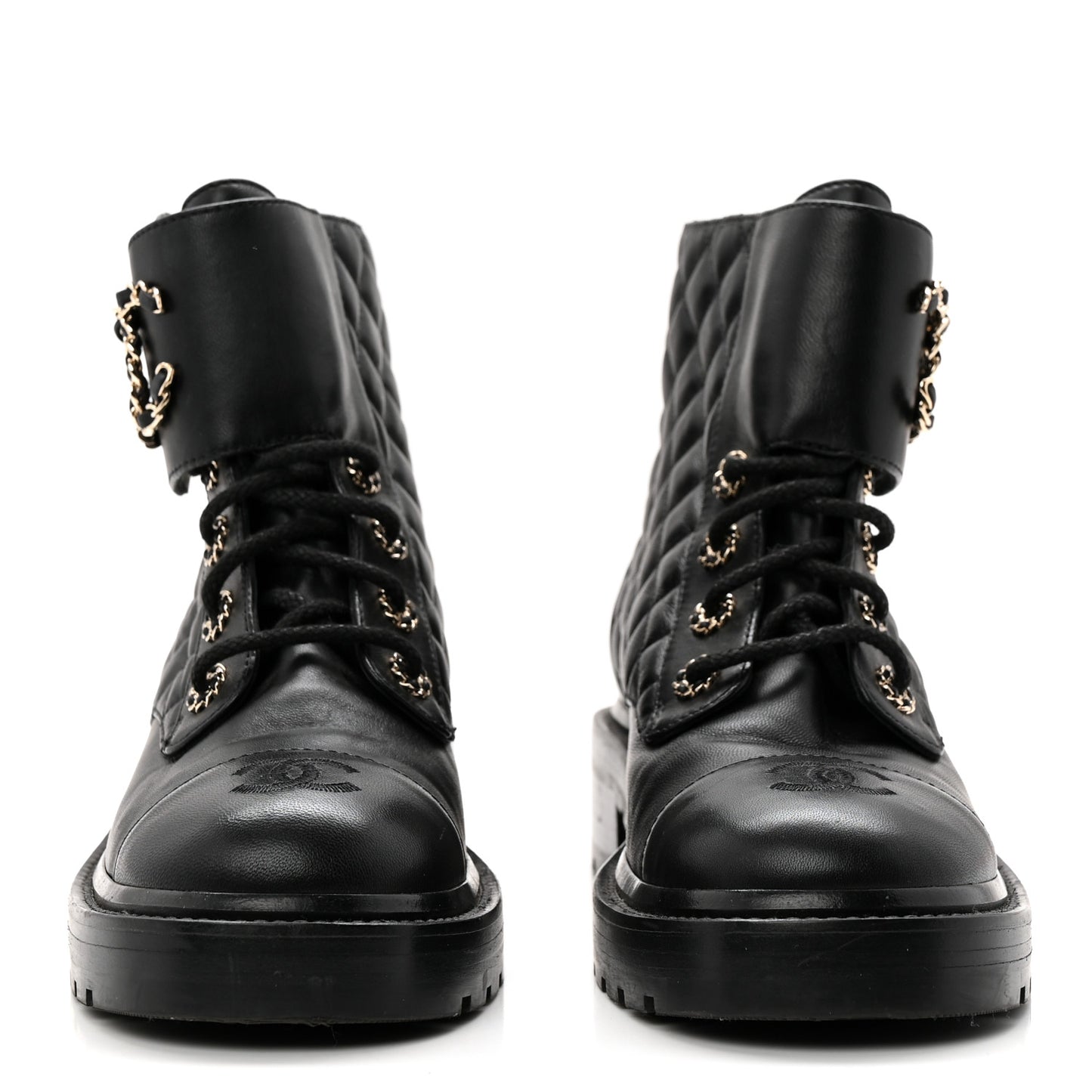 Shiny Lambskin Quilted Lace Up Combat Boots 38.5 Black
