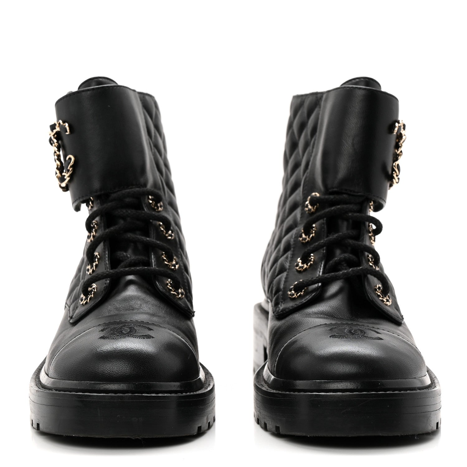 Chanel Shiny Lambskin Quilted Lace Up Combat Boots 38.5 Black 2 of 9