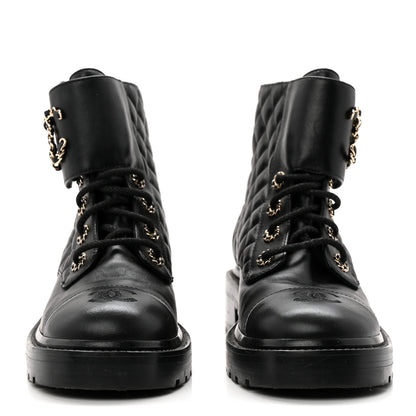 Chanel Shiny Lambskin Quilted Lace Up Combat Boots 38.5 Black 2 of 9