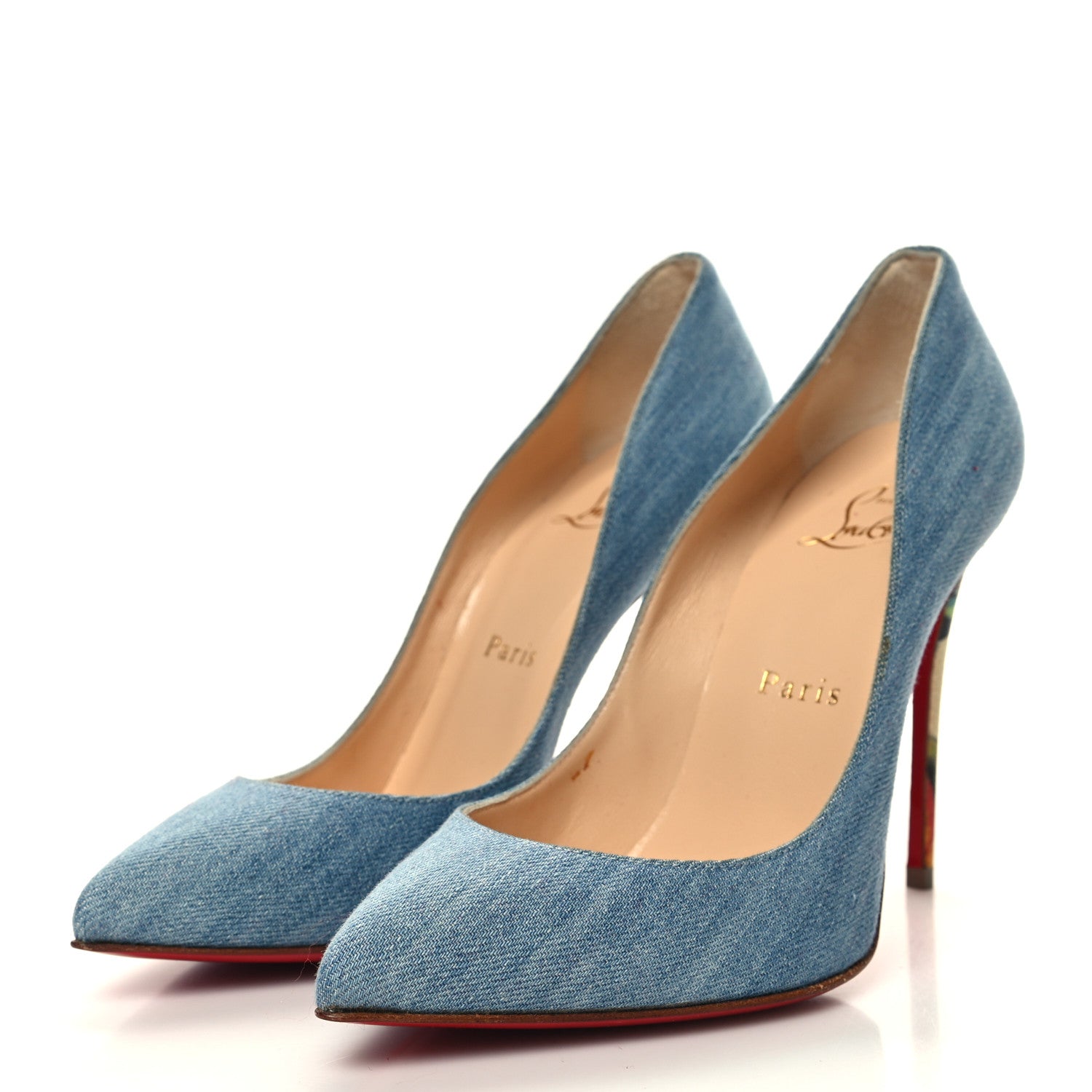 Christian Louboutin Denim Crackled Calfskin Hawaiian Print Pigalle Follies 100 Pumps 35.5 Blue White 3 of 8