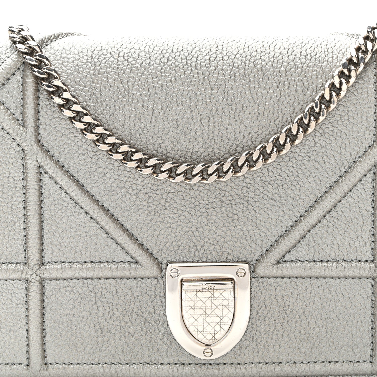 Christian Dior Metallic Grained Calfskin Diorama Wallet on Chain Pouch Silver 7 of 9