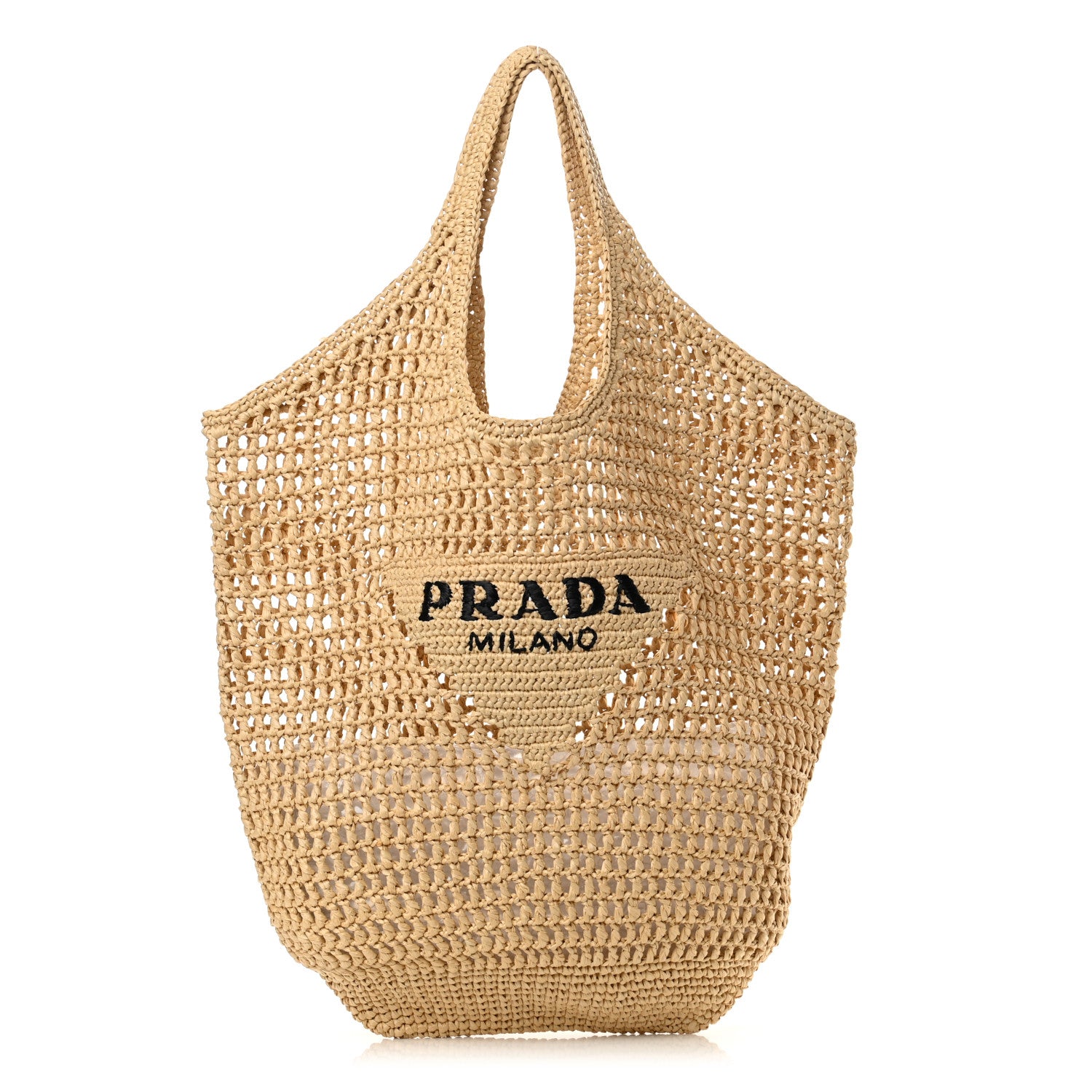 Prada Yarn Raffia Effect Crochet Logo Embroidered Shopping Tote Bag Naturale 1 of 10