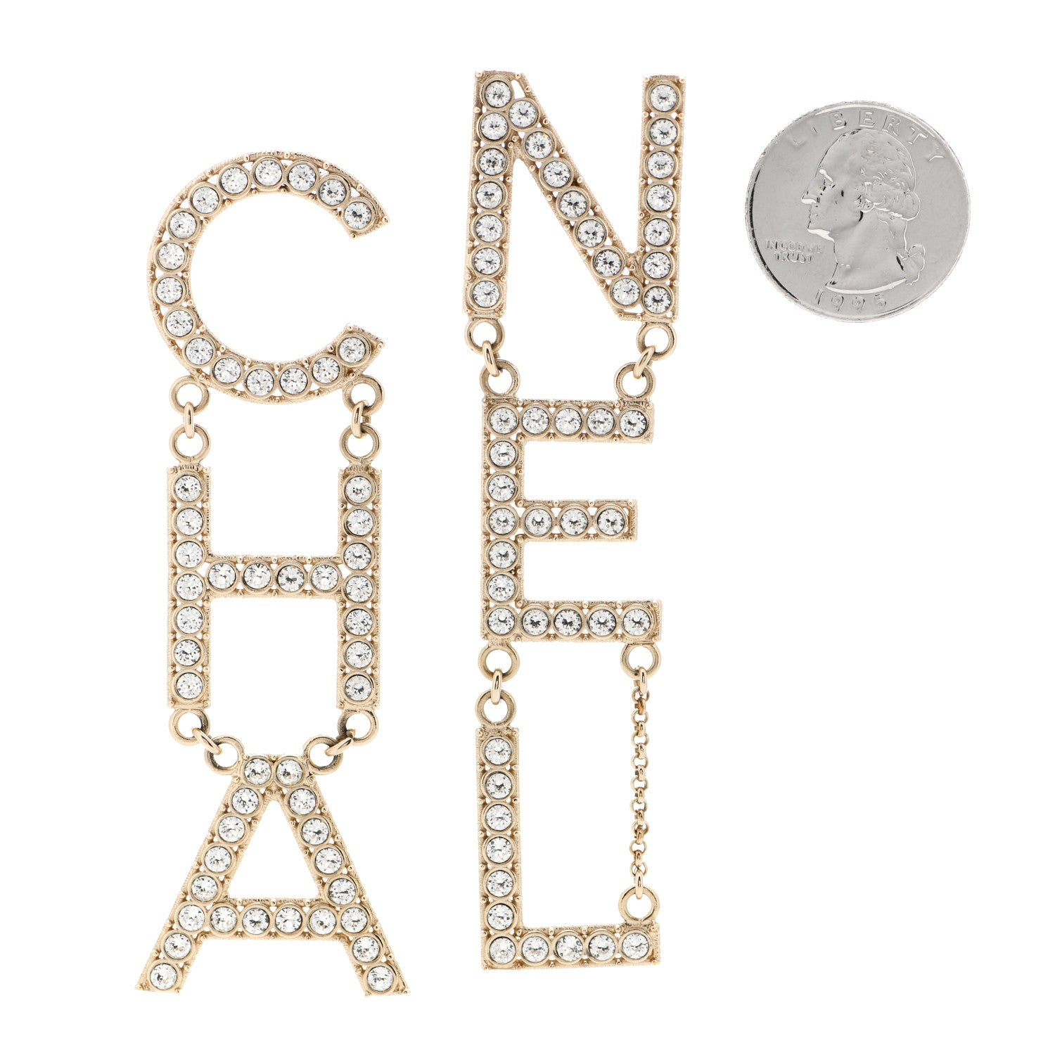 Chanel Crystal Cha-Nel Logo Drop Earrings Gold 2 of 4