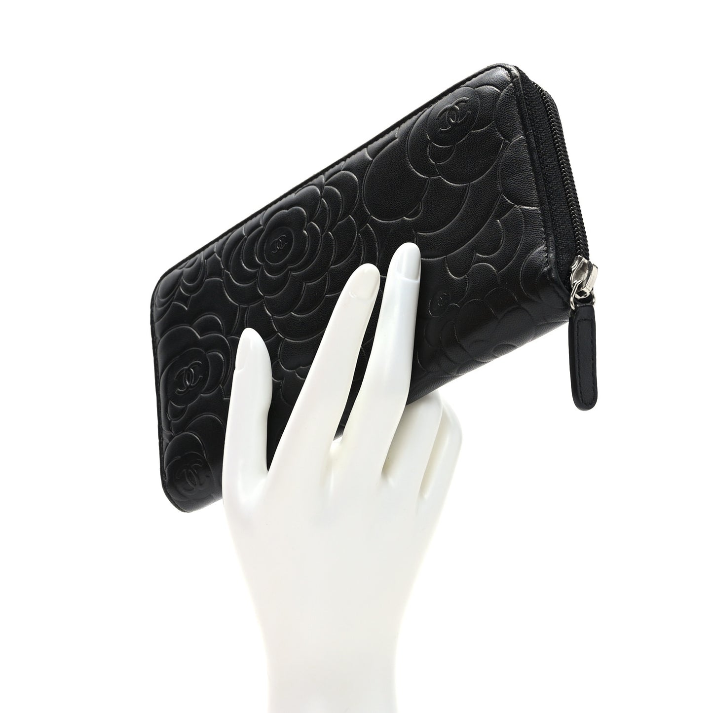 Lambskin Camellia Embossed Large Zip Around Gusset Wallet Black