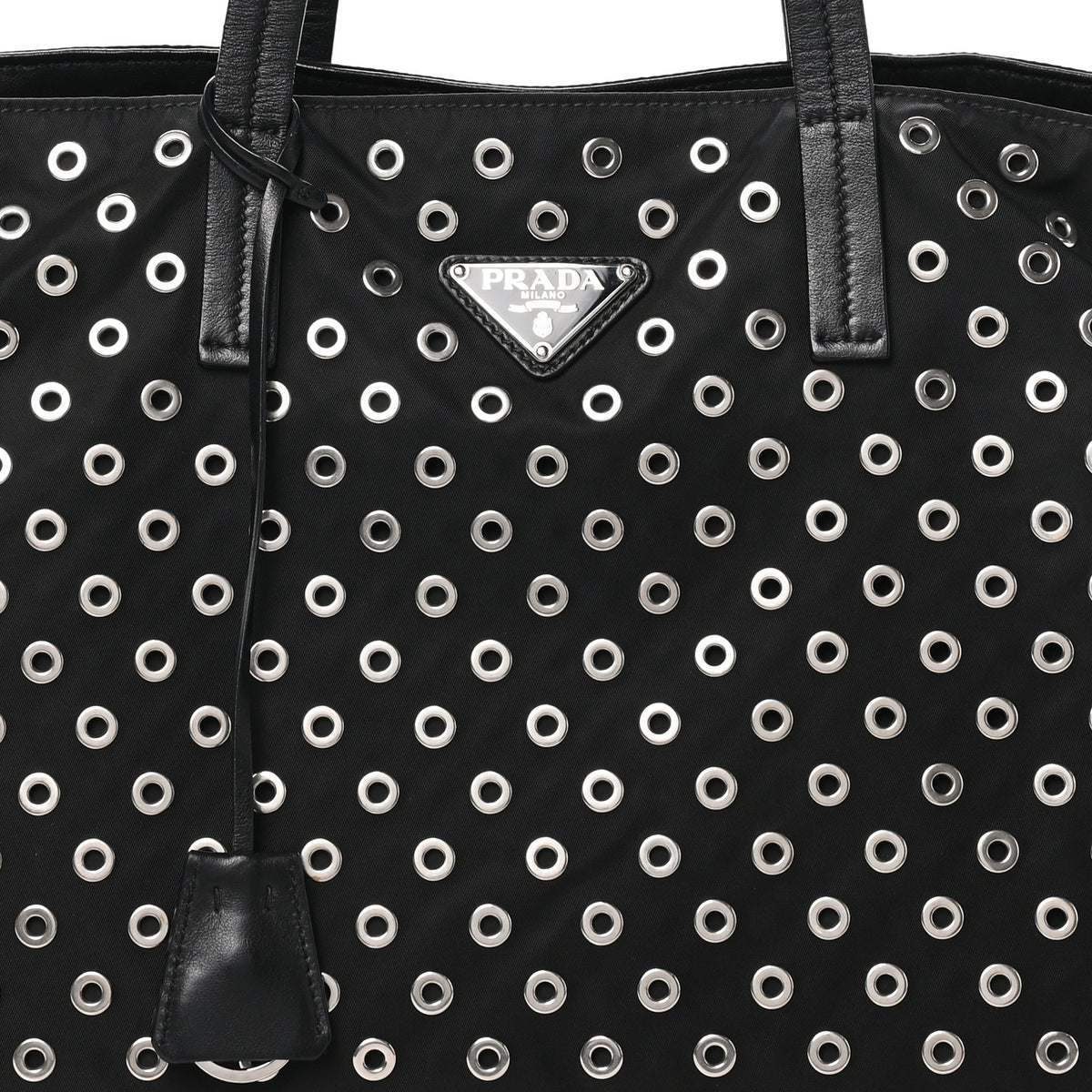 Prada Tessuto Nylon Calfskin Grommet Tote Black 7 of 9