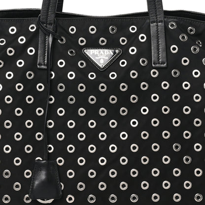 Prada Tessuto Nylon Calfskin Grommet Tote Black 7 of 9