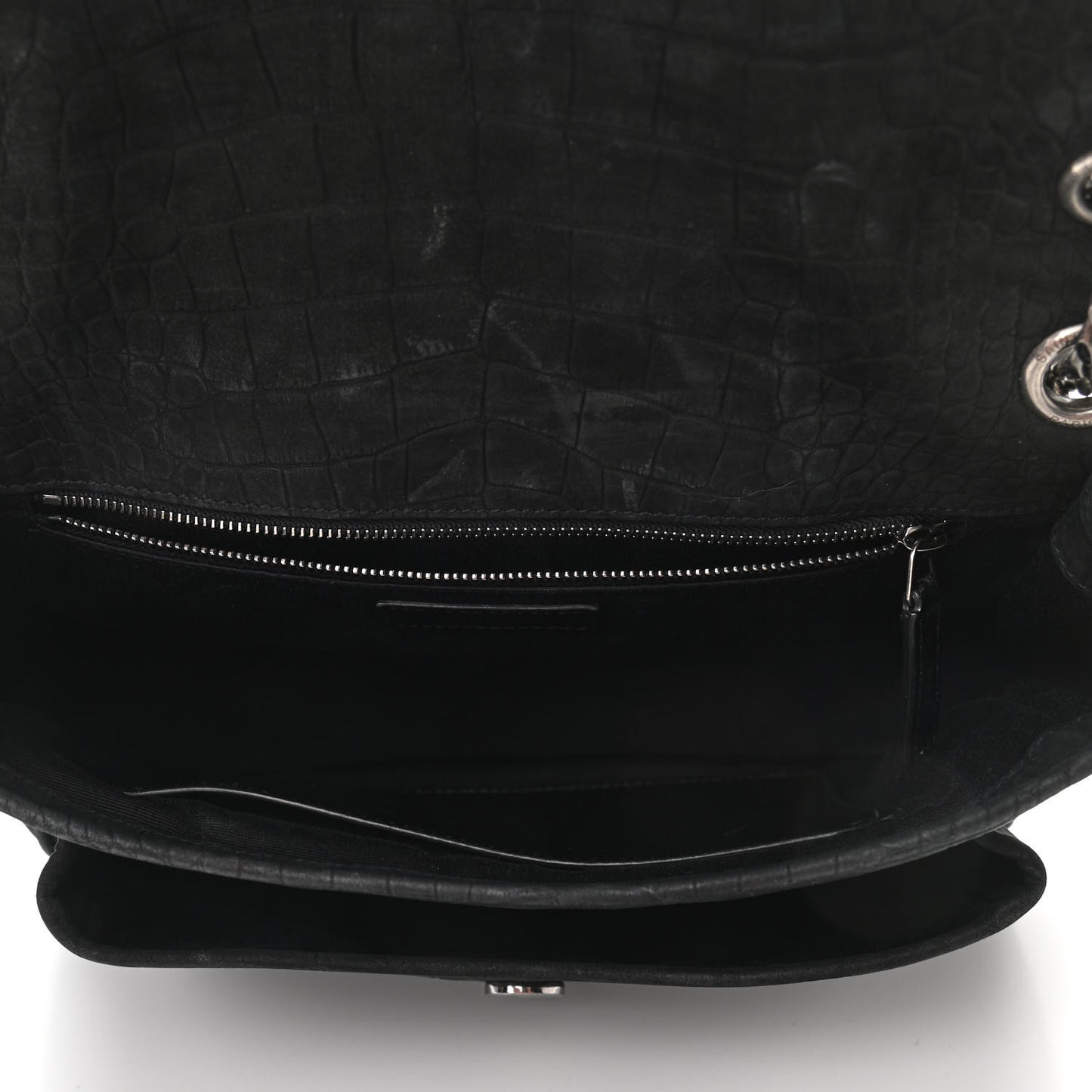 Nubuck Crocodile Embossed Monogram Medium Niki Chain Satchel Black