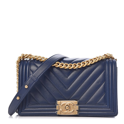Chanel Calfskin Chevron Medium Boy Flap Dark Navy Blue 1 of 15