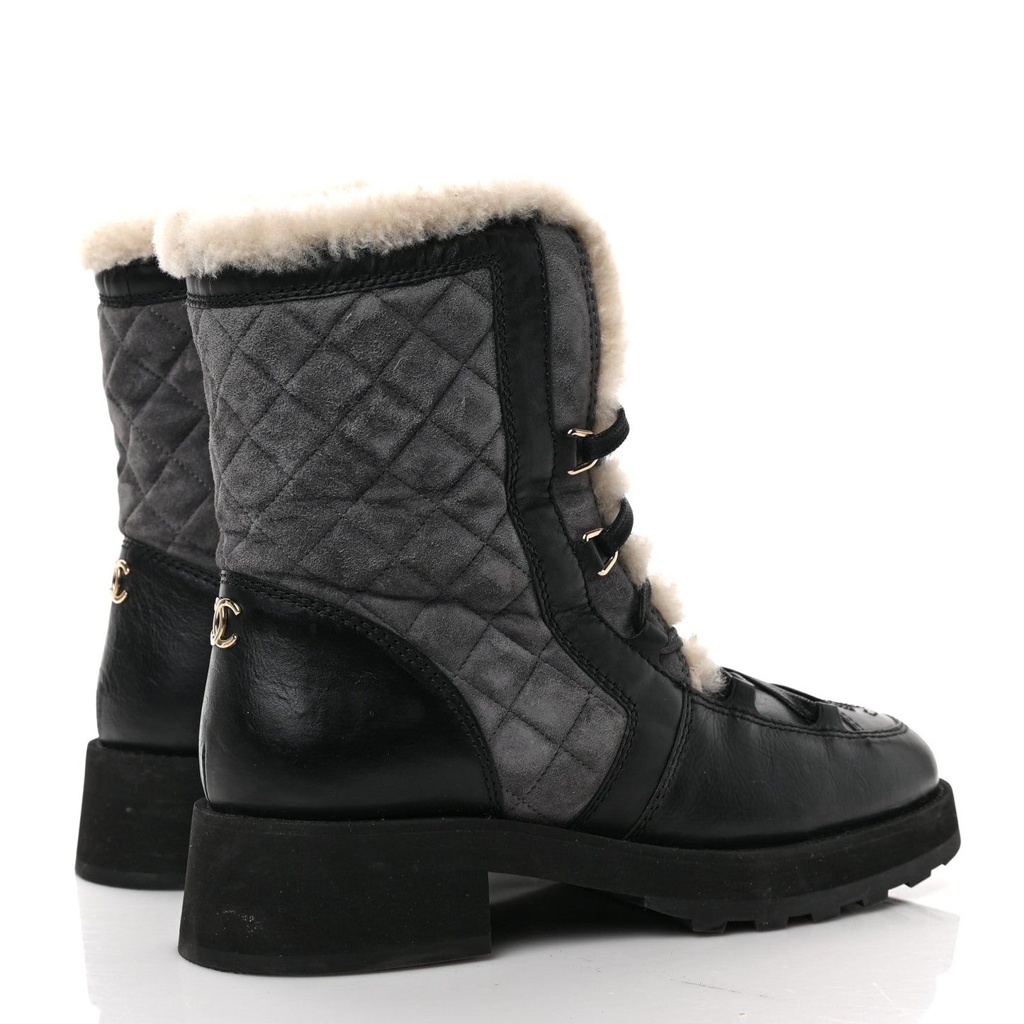 Calfskin Suede Shearling Lace Up Boots 40 Black Grey Light Beige