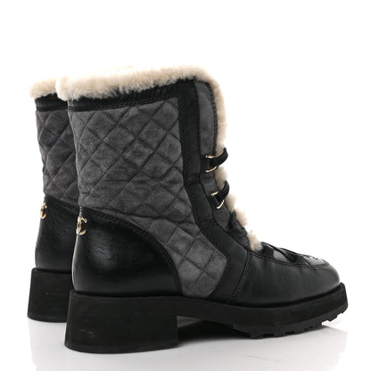 Chanel Calfskin Suede Shearling Lace Up Boots 40 Black Grey Light Beige 4 of 7