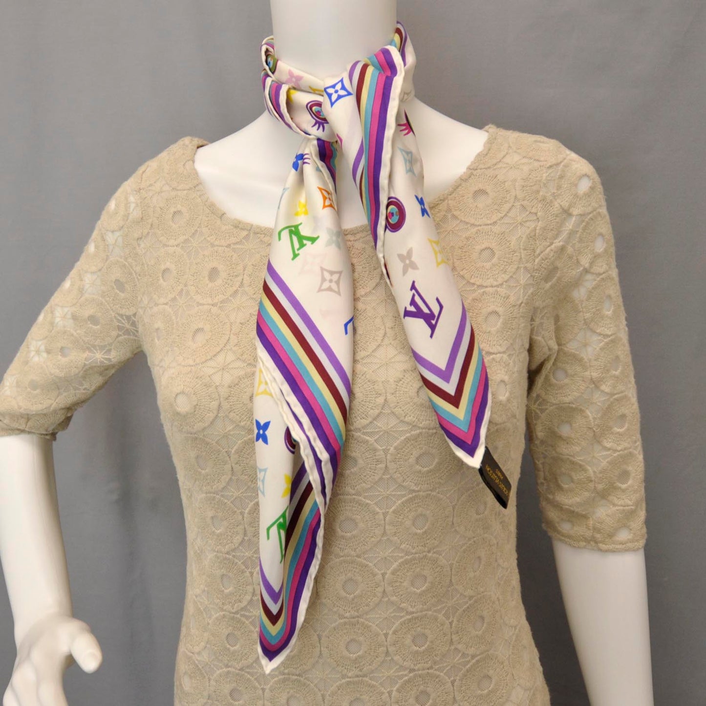 Silk Multicolor Eye Love Scarf White