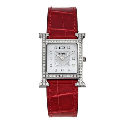 Hermes Stainless Steel Alligator Diamond Bezel Mother of Pearl 26mm Heure H Hour Quartz Watch Braise 1 of 5